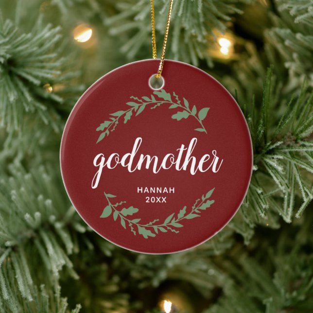 Godmother Personalised Gift Festive Laurel Wreath Ceramic Ornament (Tree)
