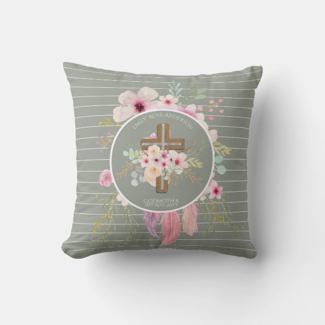 Godmother - Pink Sage Floral Cross Personalised Cushion (Front)