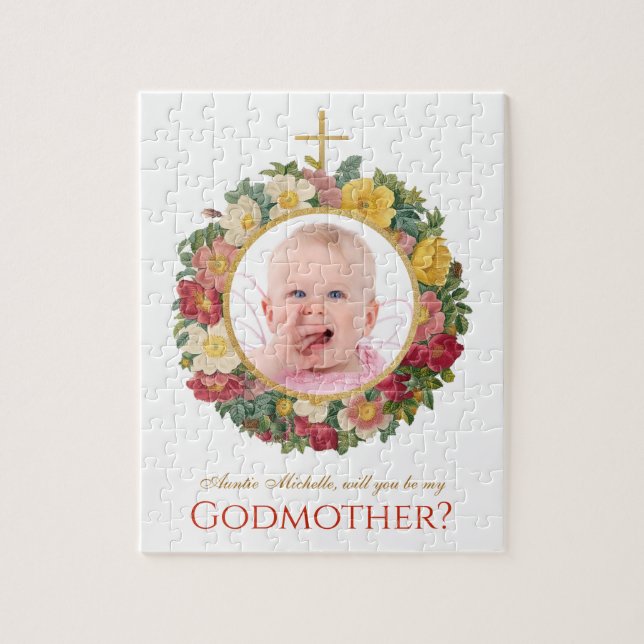 Godmother Proposal Floral Photo in Rose Wreath Jigsaw Puzzle (Vertical)