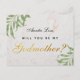 Godmother Proposal Foliage Marble Faux Gold Script Holiday Postcard