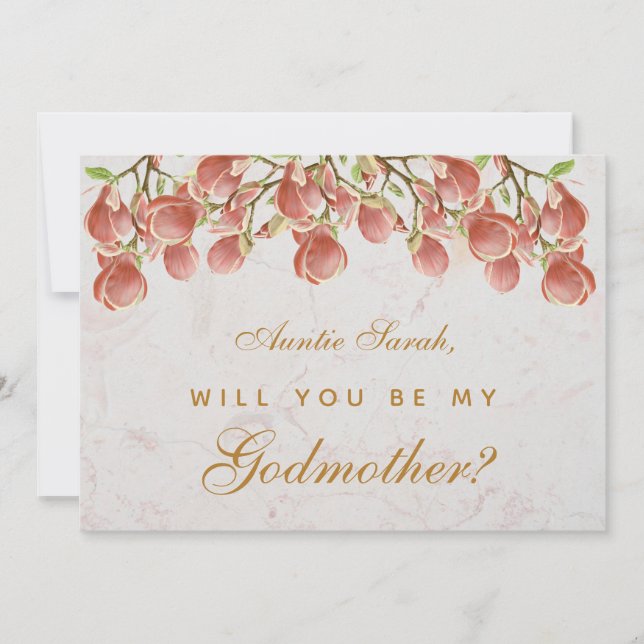 Godmother Proposal Pink Magnolia Marble Floral Card (Front)
