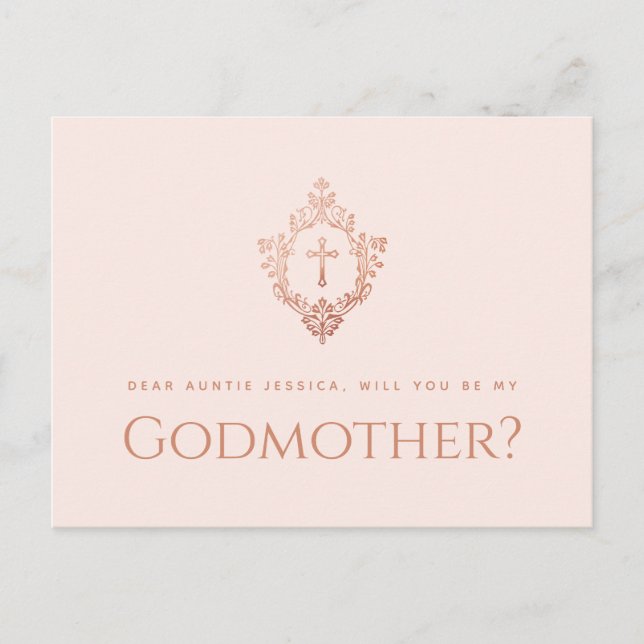 Godmother Proposal Pink Rose Gold Cross Crest Girl Holiday Postcard (Front)