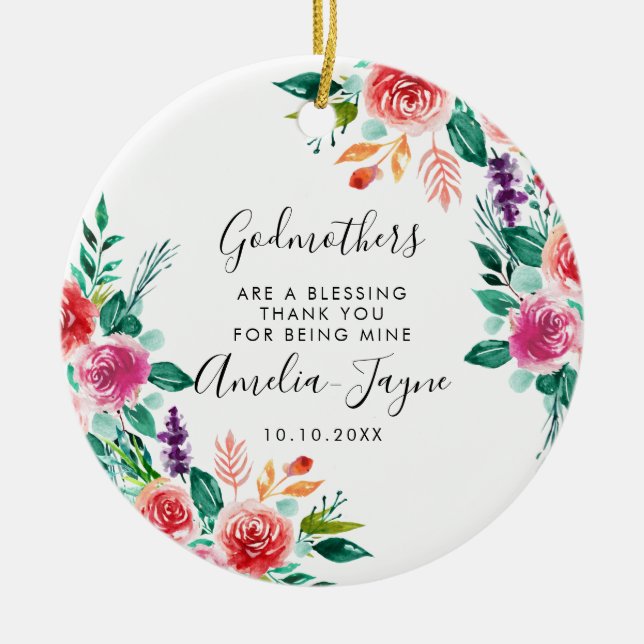 Godmothers Are a Blessing Floral Photo Ceramic Ornament (Front)