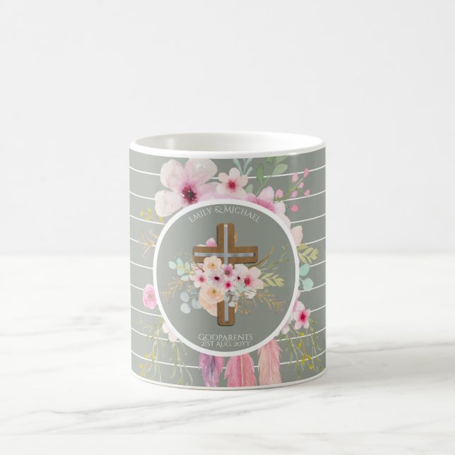 Godparent - Personalised Floral Cross Sage Green Coffee Mug (Center)