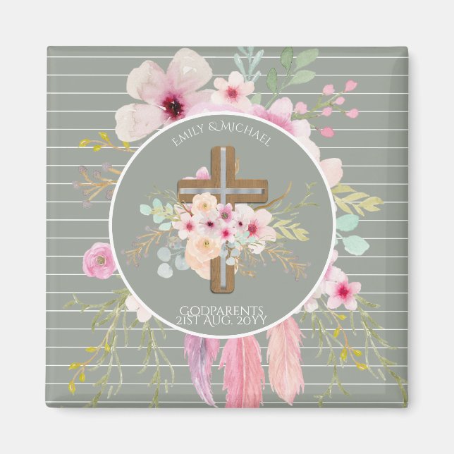 Godparent - Personalised Floral Cross Sage Green Magnet (Front)