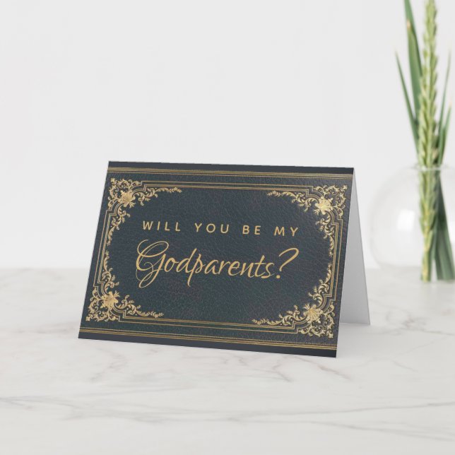 Godparent Proposal Elegant Blue Gold Vintage Card (Front)