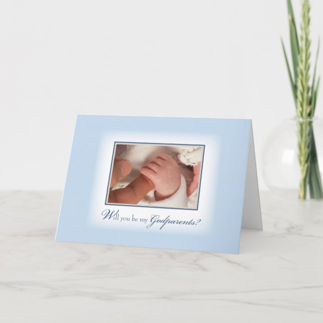 Godparents Invitation with Baby Boy Hands, Blue (Front)