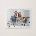 Godparents Proposal Simple Modern Script Photo Jigsaw Puzzle<br><div class="desc">A thoughtful way to ask family members or friends to be your child's godparents is to give them a stylish customised photo proposal puzzle they can save as a keepsake. All pictures and wording are simple to personalise, including quote that reads "Will you be my Godparents?" (IMAGE PLACEMENT TIP: An...</div>