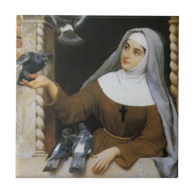 God's Creatures (Christian Nun Feeding Birds) Ceramic Tile (Front)