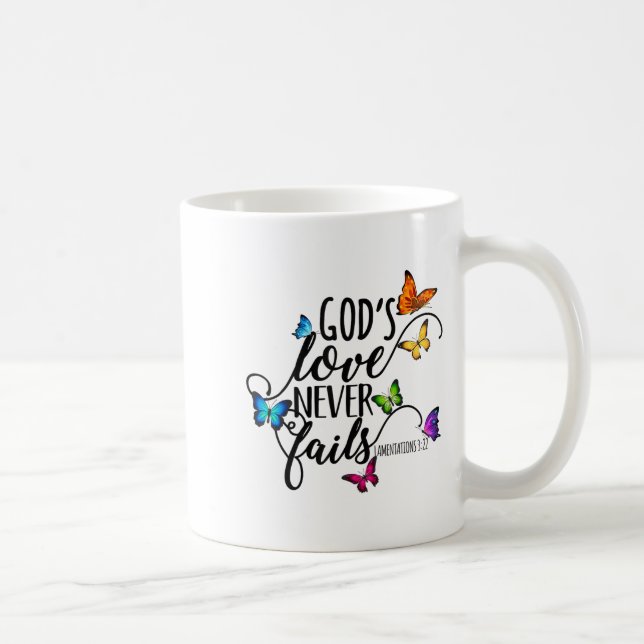 God's Love Never Fails - Butterfly Art - Religious Coffee Mug (Right)