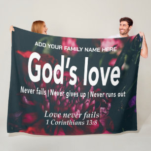 GOD'S LOVE NEVER FAILS Christian Bible Family Name Fleece Blanket