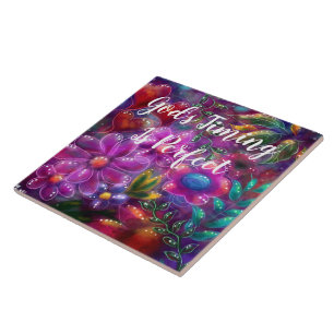 God's Timing is Perfect Floral Abstract Pink Red Ceramic Tile