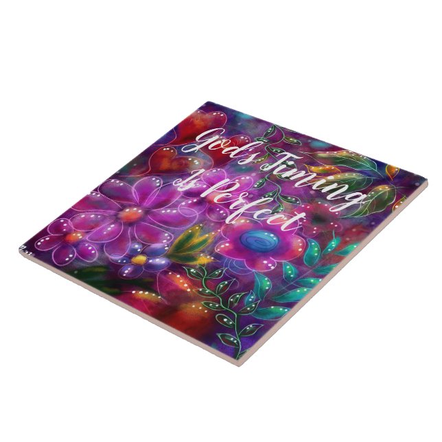 God's Timing is Perfect Floral Abstract Pink Red  Ceramic Tile (Side)