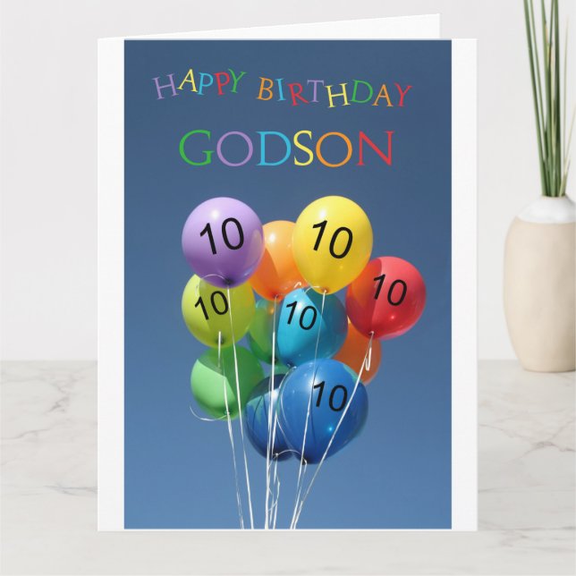 Godson, 10th birthday coloured balloons card (Front)