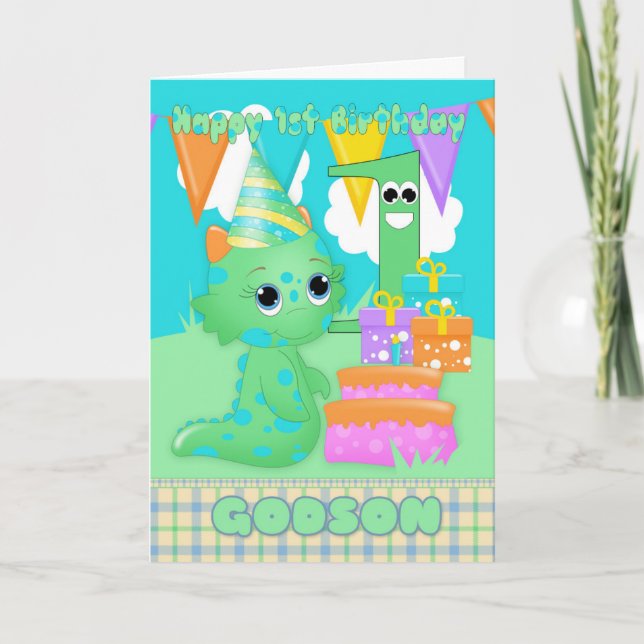 Godson 1st Birthday Cute Little Monster With Gifts Card (Front)