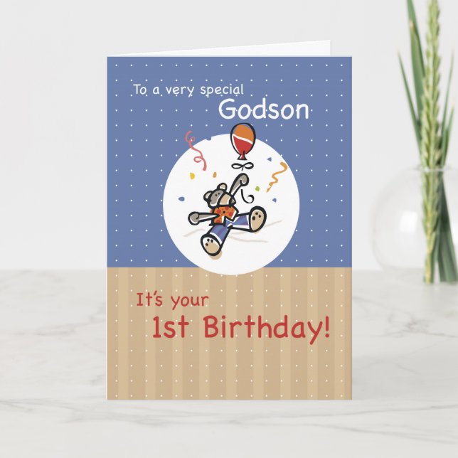 Godson 1st Teddy Bear Balloon Birthday Card (Front)