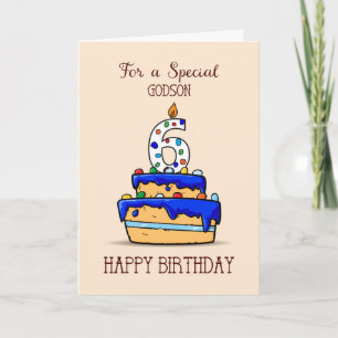 Godson 6th Birthday, 6 on Sweet Blue Cake Card