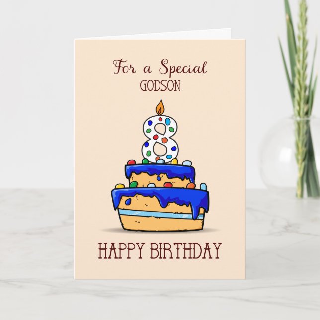 Godson 8th Birthday, 8 on Sweet Blue Cake Card (Front)