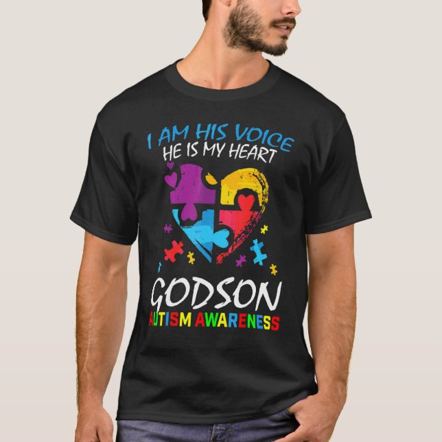 Godson Autism Awareness I Am His Voice Heart Puzzl T-Shirt (Front)