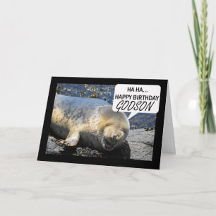 Godson Birthday card with laughing seal pup