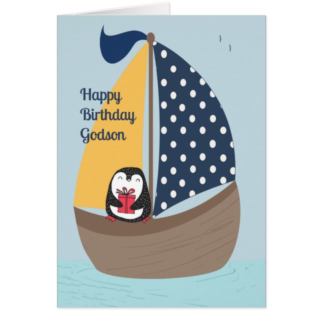 Godson Birthday Card with Penguin Sailing (Front)