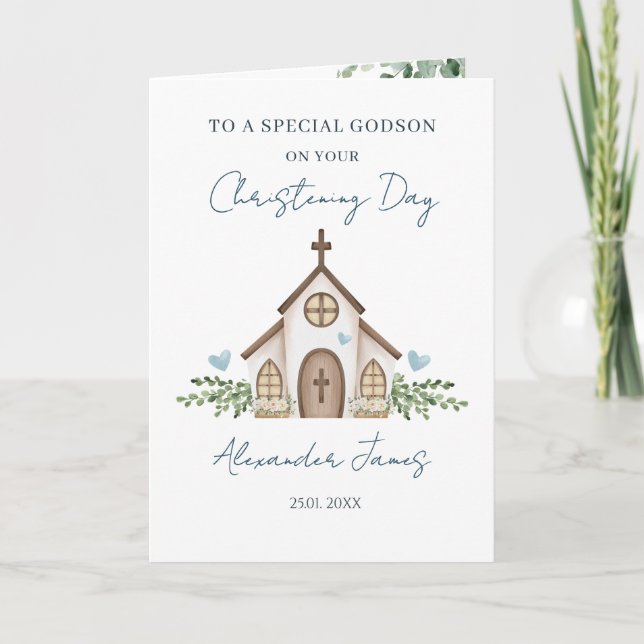 Godson Christening Church Greenery Card (Front)