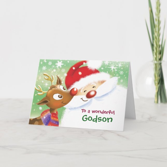 Godson, Christmas, Cute Reindeer & Santa Card (Front)