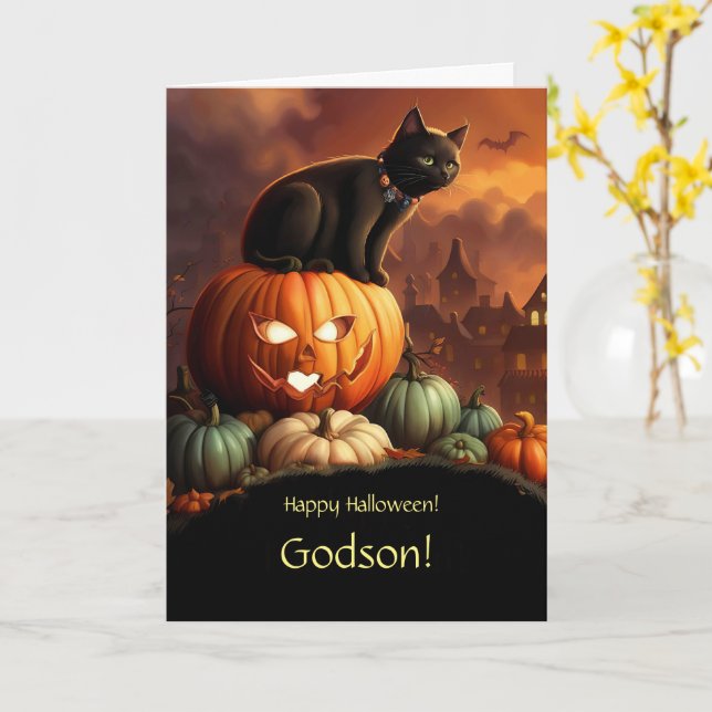 Godson Cute Happy Halloween Jack O Lantern Cat  Card (Yellow Flower)
