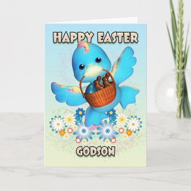 Godson Easter Card - Cute Duck With Basket Of Trea (Front)
