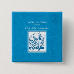 Godson First Communion, Wheat, Grapes Blue 15 Cm Square Badge