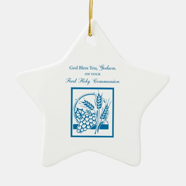 Godson First Communion, Wheat, Grapes Blue Ceramic Ornament (Front)