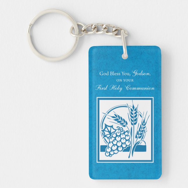 Godson First Communion, Wheat, Grapes Blue Key Ring (Front)