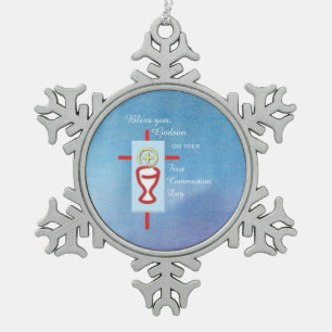 Godson, First Holy Communion, Blue Snowflake Pewter Christmas Ornament