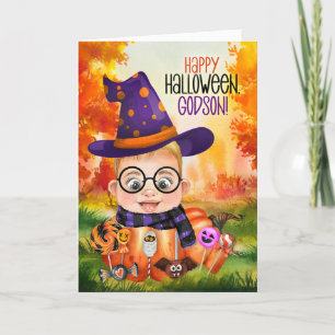 Godson Little Wizard Boy in a Pumpkin Halloween Holiday Card