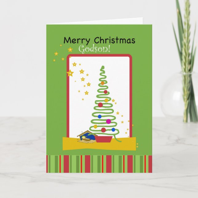 Godson, Merry Christmas with Stars, Tree & Creche Holiday Card (Front)