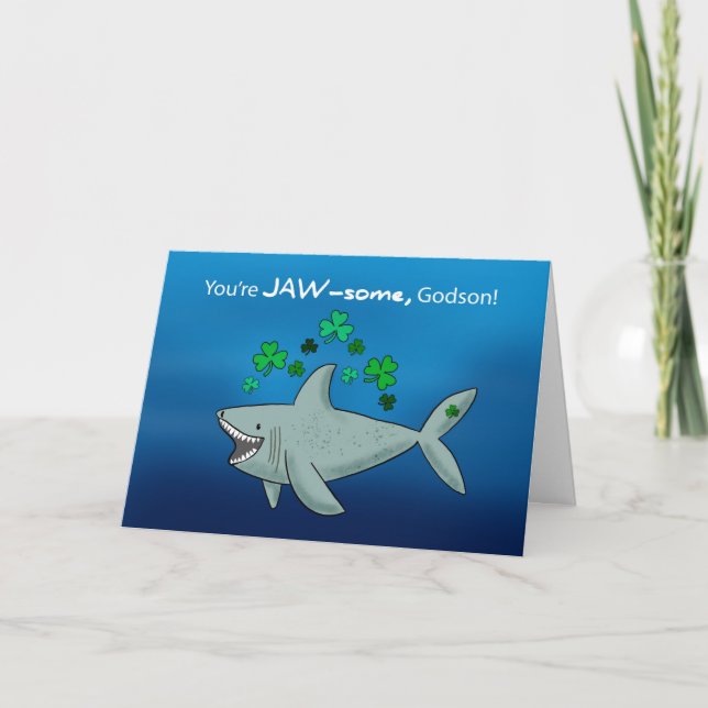 Godson St Patricks Day Shark With Shamrocks Card (Front)