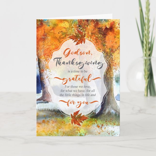 Godson Thanksgiving Autumn Watercolor Grateful Holiday Card (Front)