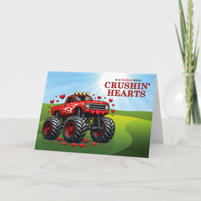 Godson Valentine Monster Truck Crushin' Hearts Holiday Card (Front)