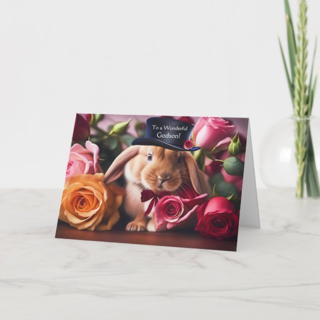 Godson Valentines Day Cute Bunny with Roses Card (Front)