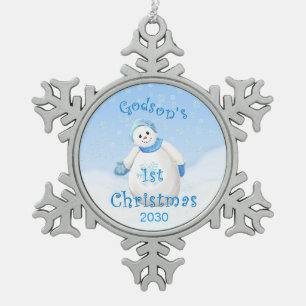 Godson's 1st Christmas Snowman Snowflake Pewter Christmas Ornament