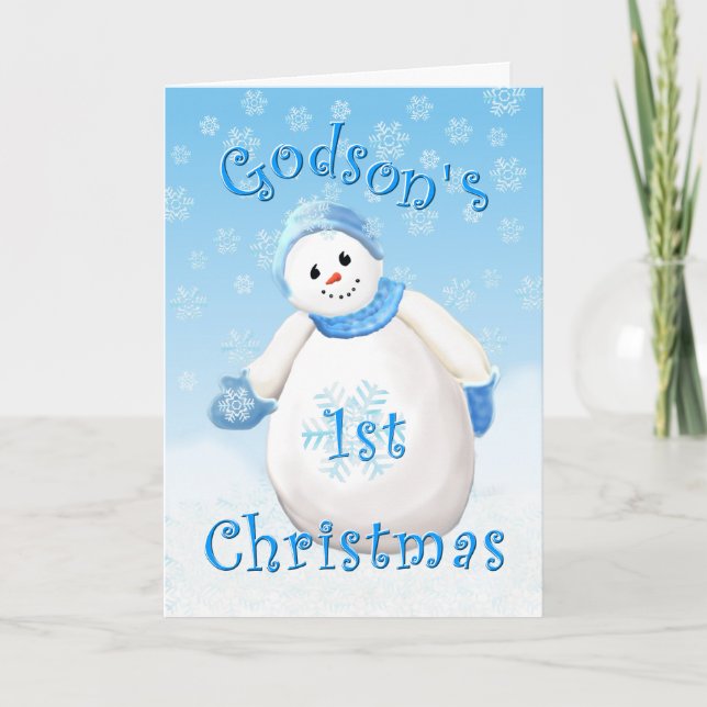 Godson's First Christmas Snowman Greeting Card (Front)