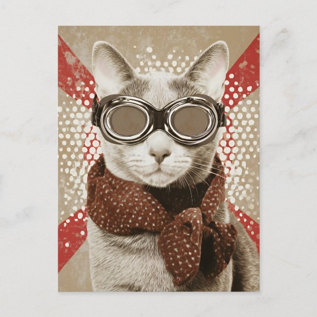 Goggle-Wearing Cat Scarf Retro Flag Portrait Postcard (Front)