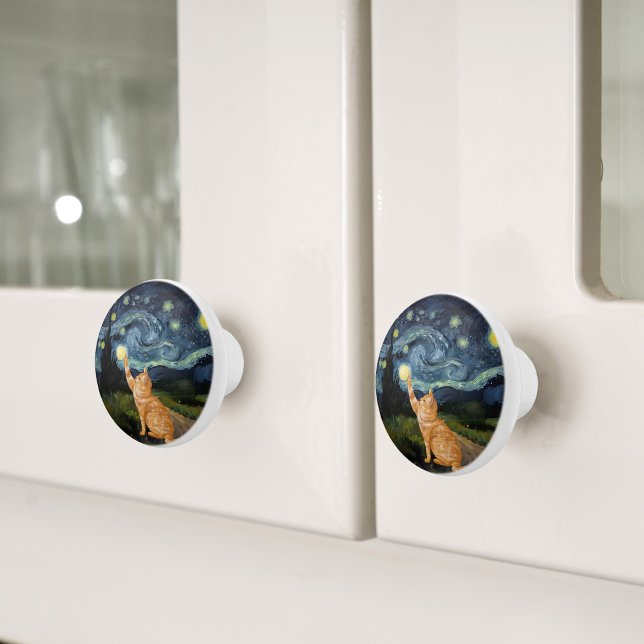 Gogh Kitty Starry Night Cat Ceramic Knob (Creator Uploaded)