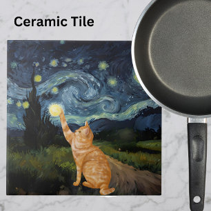 Gogh Kitty Starry Night Cat Ceramic Tile