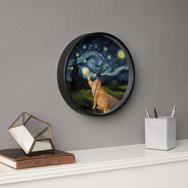 Gogh Kitty Starry Night Cat Clock (Office)