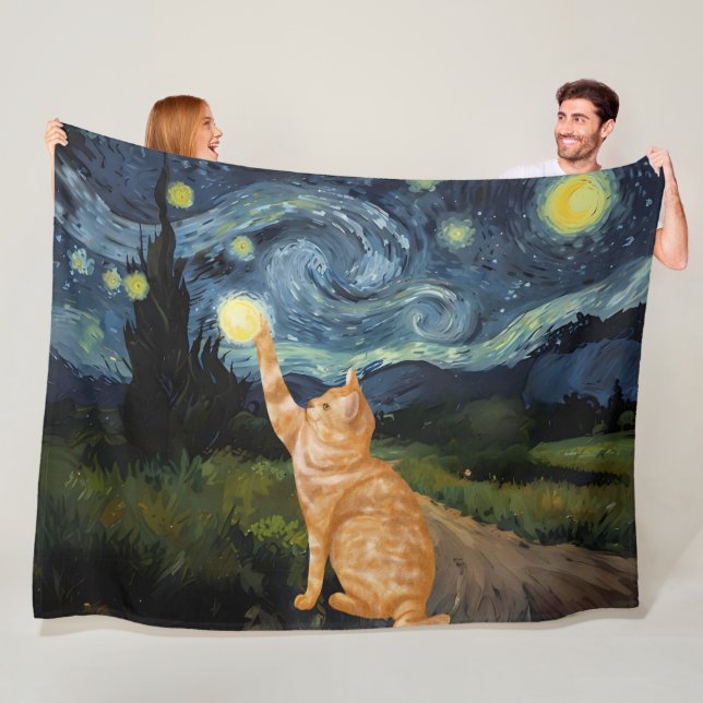Gogh Kitty Starry Night Cat Fleece Blanket (In Situ)