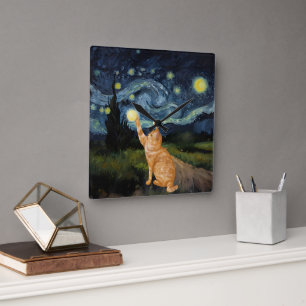Gogh Kitty Starry Night Cat Square Wall Clock