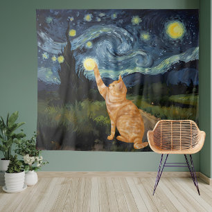 Gogh Kitty Starry Night Cat Tapestry