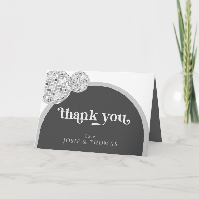 Gohic Black Grey Retro Disco Ball Wedding Thank You Card (Front)