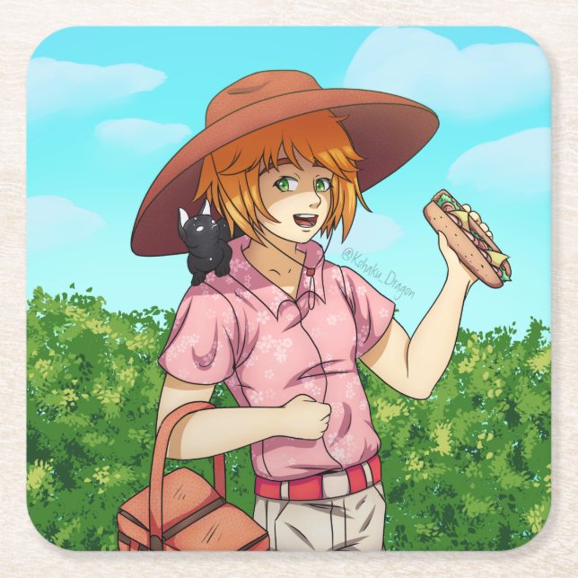 Going to a Picnic with a Cat  Square Paper Coaster (Front)